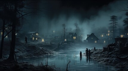 Fototapeta premium creepy and spooky fantasy village, concept illustration, abstract art
