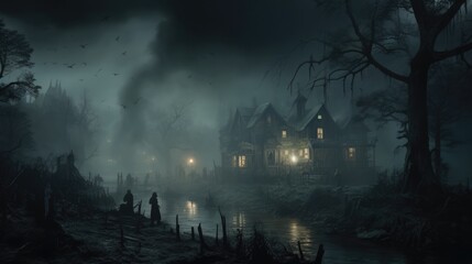 creepy and spooky fantasy village, concept illustration, abstract art