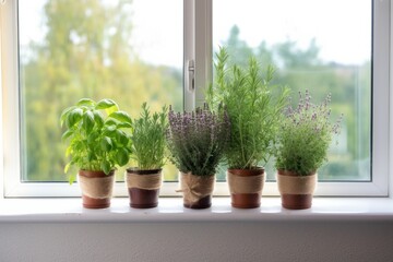 Different aromatic potted herbs, basil, thyme, rosemary. Spring eco organic garden on wooden windowsill at home. Close up.