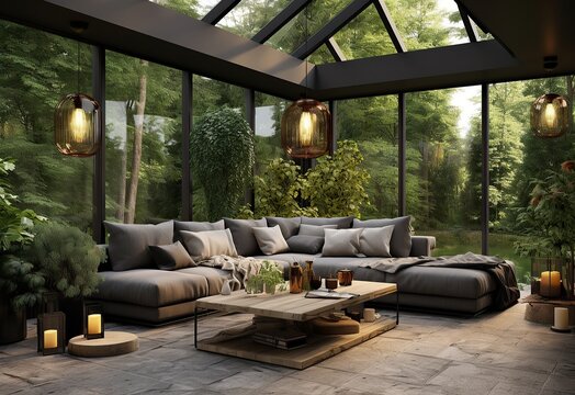 A glass room with a sofa overlooking the garden