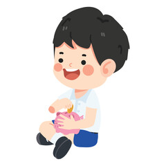 happy kid student holding piggy bank