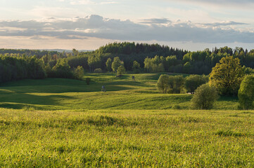 Agricultural fields and forests on the hills in the evening light