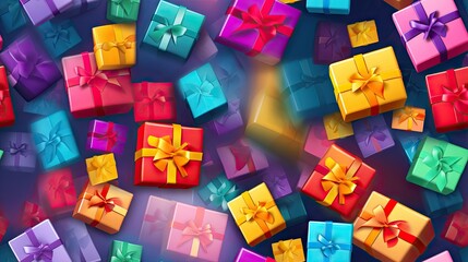  a lot of colorful wrapped presents on a blue background with a red bow.  generative ai