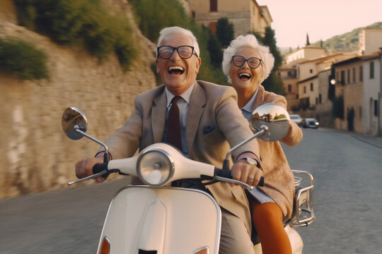Happy mature couple riding a scooter in the city on a sunny day - Powered by Adobe