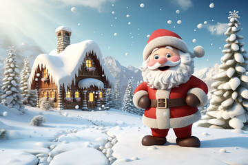 Santa Claus in front of wooden house. 