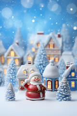 Christmas Santa Claus and gifts. Frosty winter wonderland with snowfall, houses, trees, snowman toys on defocused lights Christmas background, and copy space. Ai Generative