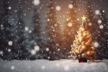 Fototapeta na wymiar Christmas tree on snow with bokeh background. 