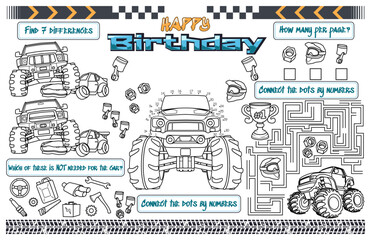 Festive placemat for children. Print out a Monster Truck-themed Happy Birthday sheet for boys with a maze, connect the dots, and find the challenge of the difference. 17x11 inch printable vector file