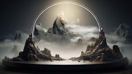  a surreal scene with a mountain and a circle in the middle.  generative ai - obrazy, fototapety, plakaty