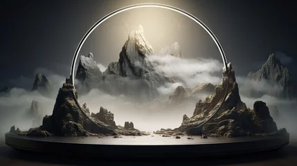 Foto op Plexiglas  a surreal scene with a mountain and a circle in the middle.  generative ai © Olga