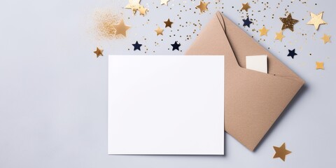 A flat lay capturing the spirit of the New Year with assorted greeting cards and envelopes, neatly organized, evoking the joy and tradition of sending wishes, with spacious empty area for text