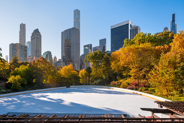 Skating rink in Central Park in autumn with Fifth Avenue skyscrapers. Upper East Side, Manhattan, New York City - 659419707