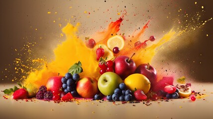  a pile of fruit with oranges, apples, grapes, and lemons.  generative ai
