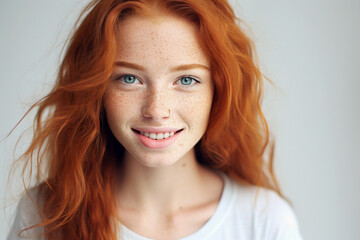 portrait of young redhead woman over isolated white background