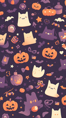 Adorn your screen with a delightful wallpaper featuring pastel orange, violet, and black trick-or-treat bags brimming with candy in matching wrappers, harmoniously complementing the pastel cat and pum