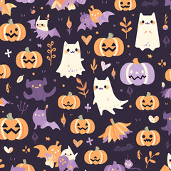 Adorn your screen with a delightful wallpaper featuring pastel orange, violet, and black trick-or-treat bags brimming with candy in matching wrappers, harmoniously complementing the pastel cat and pum