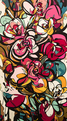 Picture a comic-style portrayal of vibrant pink roses and orchids gracefully unfurling in the sunlight, with bold lines and vivid colors adding a touch of whimsy to their beauty