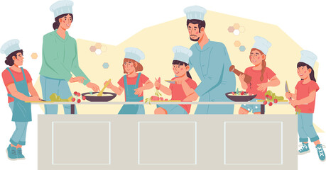 Culinary courses for children website template. Web banner with professional chefs teaching kids how to cook. Cooking classes for kids.