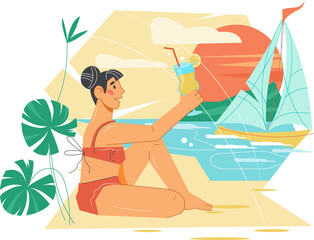 Summer beach vacation decorative banner with character of woman sunbathing on seashore, flat  illustration.  Summer backdrop design.