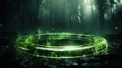  a glowing green ring in a dark forest with leaves and fireflies.  generative ai - obrazy, fototapety, plakaty