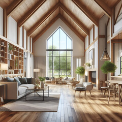 Fototapeta premium Innovative Architectural Engineering Villa House Home Interior Striking Design Open Floor Plan Layout of Living and Dining Room or Office with Construction Site of Vaulted Ceiling & a Wall of Windows