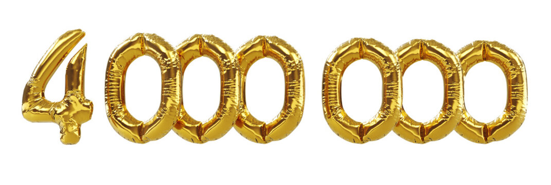 3D render of 4m or 4000000 followers thank you Gold balloons, four millions gold number balloons