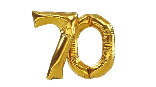 3D render of balloon number seventy isolated on white background. Party decoration golden balloons. Anniversary