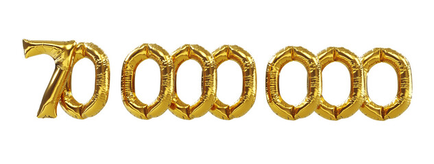 3D render of 70m or 70000000 followers thank you Gold balloons, seventy millions gold number balloons