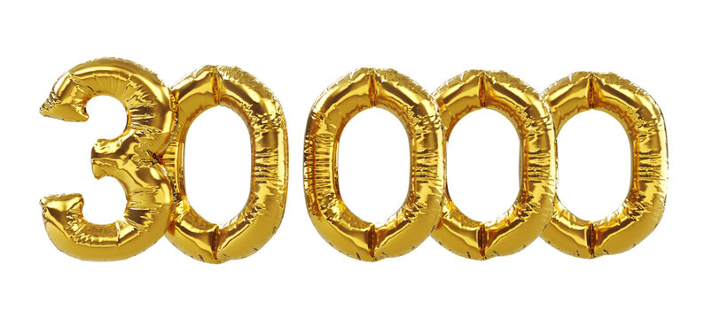 3D render of 30k or 30000 followers thank you Gold balloons, thirty thousand gold number balloons