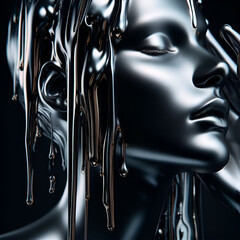 Close Up of an Abstract Distorted Surreal Cascading Droplets Shimmering Lustrous Silver Molten Liquid Fluid Metal Honey Human Mesmerizing Display, Fashion Model