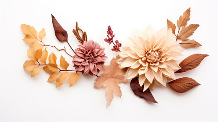 beautiful decoration with dried dahlia wildwood and leaves decoration and boho flower - obrazy, fototapety, plakaty