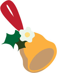 Golden Jingle bell, red ribbon, flower and holly. Concept Merry Christmas, Happy New Year. Holiday golden metal campane collection. Cartoon flat design. Vector illustration.