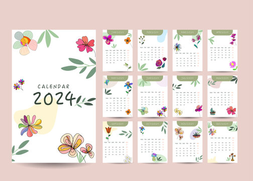 flower hand drawn 2024 calendar template