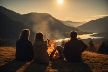 Group of friends gathering around campfire in evening during mountain trip. People having fun sitting at bonfire. Travel to the mountains. Nature destinations - obrazy, fototapety, plakaty