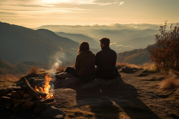 Woman and man sitting at campfire in evening during mountain trip. Couple having fun sitting at bonfire looking at mountain landscape. Weekend trip. Travel to the mountains - obrazy, fototapety, plakaty