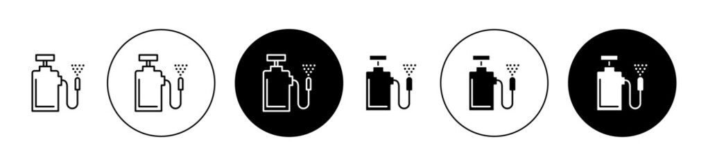 Pressure sprayer vector icon set. Pesticide spray pump symbol. Disinfection sign for UI designs.