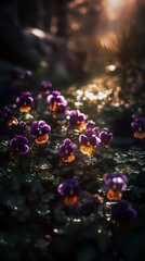 Obraz na płótnie Canvas An enchanting photography shot capturing vibrant violets and lavender flowers blooming gracefully in the warm sunlight. 