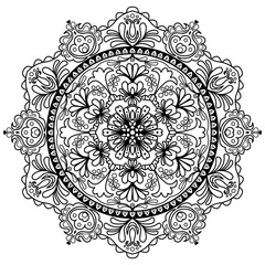 Abstract floral mandala pattern with Hungarian folk art-style motifs in black color on a white background. Use for mandala coloring pages, wallpapers, and wrapping. Vector decorative pattern design.