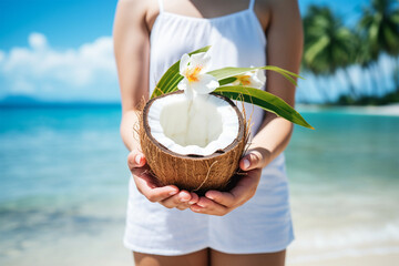 fresh coconut in hand with plumeria decorated on be and beautiful beach - obrazy, fototapety, plakaty