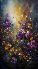 Obraz na płótnie Canvas a stunning oil painting that showcases vibrant violets and lavender blooms in their full splendor, exuding an undeniable touch of grace.