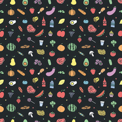 Seamless food pattern. Drawn doodle food background