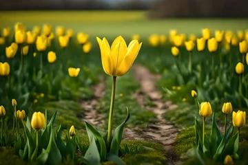 Fototapeten single Yellow tulips in the beautiful field in spring. © CREAM 2.0