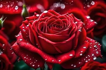 Bright red rose for Valentine Day. Roses in flower shop. A red rose bloom. Rose petals. Red rose flower. Close up of red roses and water drops. Natural bright roses background