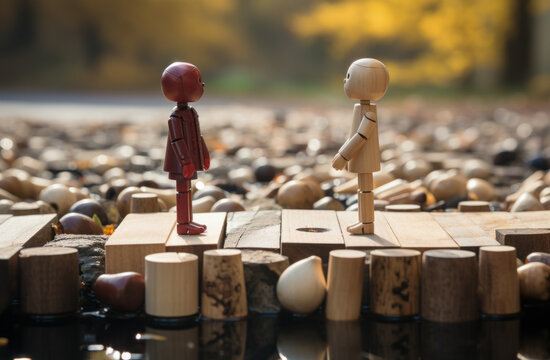 Wooden carving of two people standing on a bridge beside a river. Love story concept. Shallow depth of field, blurry background. Emotional scene. 