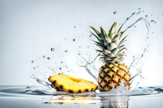 Fresh single  ripe pineapple fruit in water splash on white backround