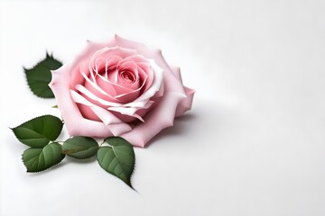 Beautiful single pink rose lying down on a white background