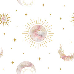 Crescent moon, stars and sun. Watercolor seamless pattern. Various phases of moon. Esoteric signs and symbols. Isolated. Minimalistic print for design, print, fabric or background. - obrazy, fototapety, plakaty