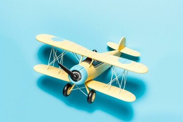 Minimalistic pastel biplane on bright blue background. Generative AI