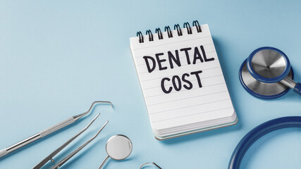 Dental cost concept with dental instruments on blue background