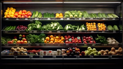 Fotobehang Chilled fruits and vegetables displayed on a supermarket shelf © Brian Carter